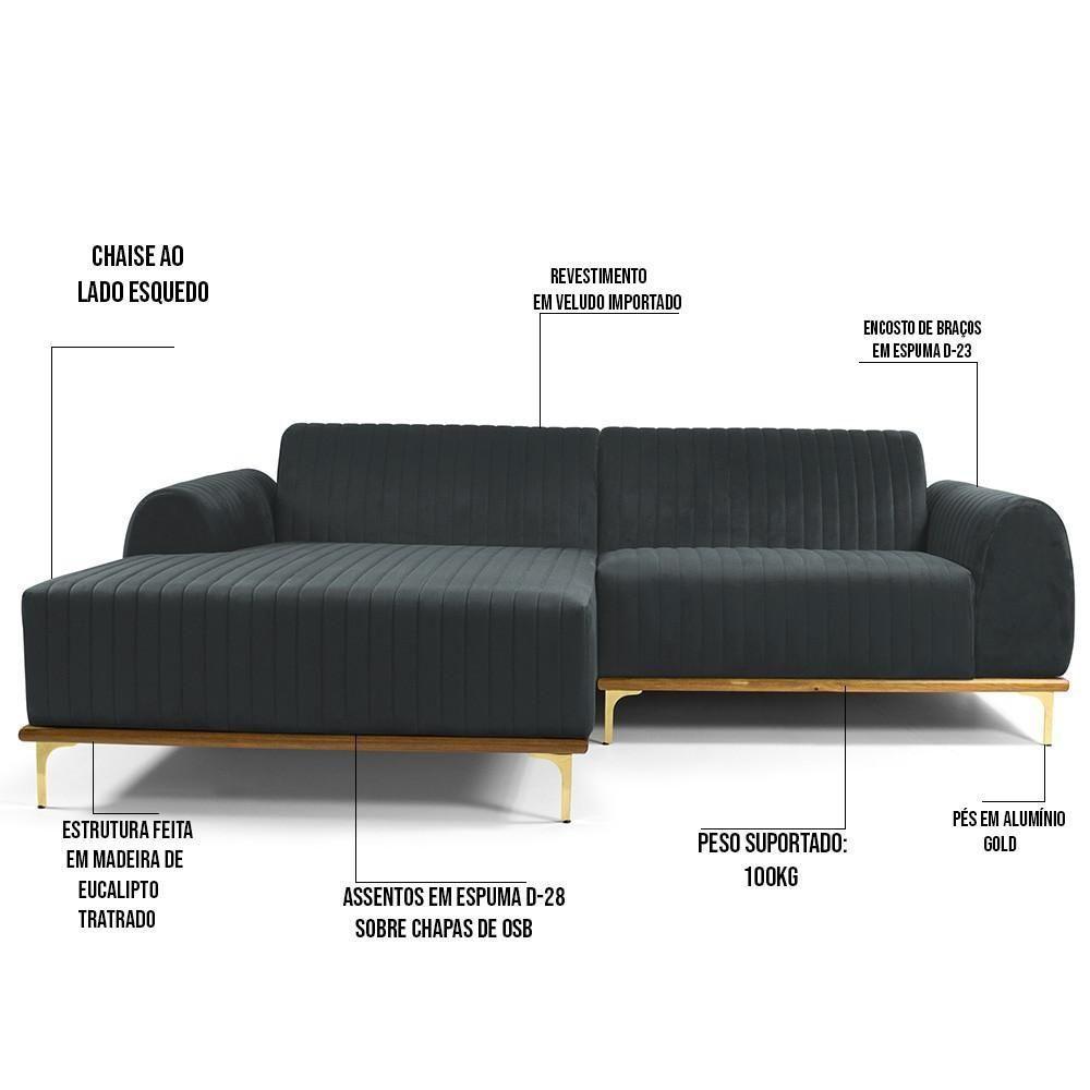 Sofá 6 Lugares Com Chaise Molino 350cm Veludo Cinza C-317 - 5