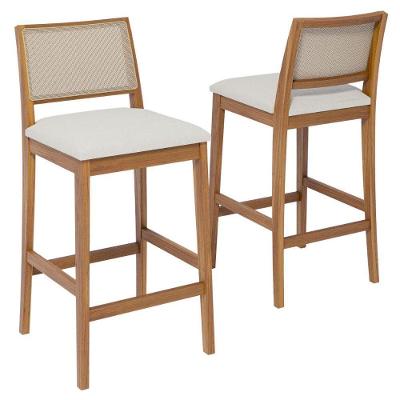 Kit 2 Banquetas Alta Buriti Assento em Linho com Encosto Bege para Cozinha Milani Movelaria