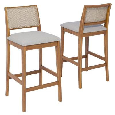 Kit 2 Banquetas Alta Buriti Assento Linho Estrutura Madeira Maciça Encosto Cinza Milani Movelaria