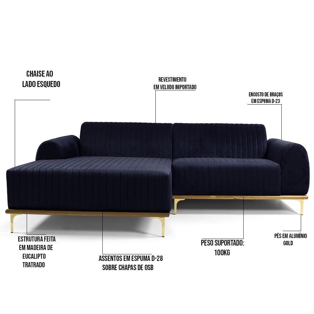 Sofá 5 Lugares Com Chaise Molino 300cm Azul Marinho C-287 - 5