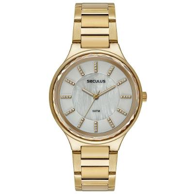 Relógio Feminino Facetado Madrepérola Dourado Analógico em Aço Inox com Cristal Mineral e Fecho