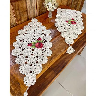 Caminho de Mesa Crochê Algodão Bordado Floral 1M X 45CM Vermelho Queimado Fino