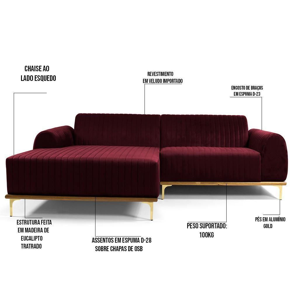 Sofá 5 Lugares Com Chaise Molino 300cm Veludo Marsala C-278 - 5