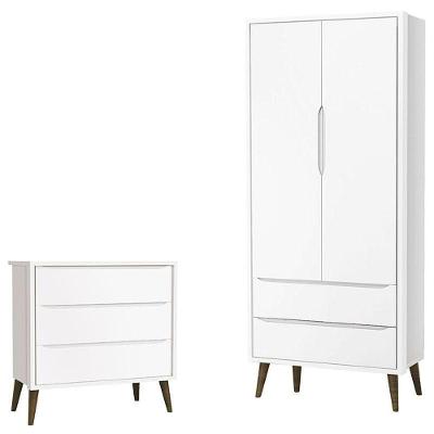 Cômoda Infantil Gaveteiro e Guarda Roupa Theo 3 Gavetas MDF Branco Acetinado com Pés Amadeirado