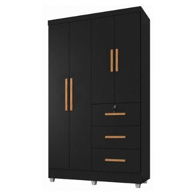 Guarda Roupa Solteiro Tami 4 Portas de Bater 3 Gavetas MDP com Chave Preto J&A Móveis 120.4CM