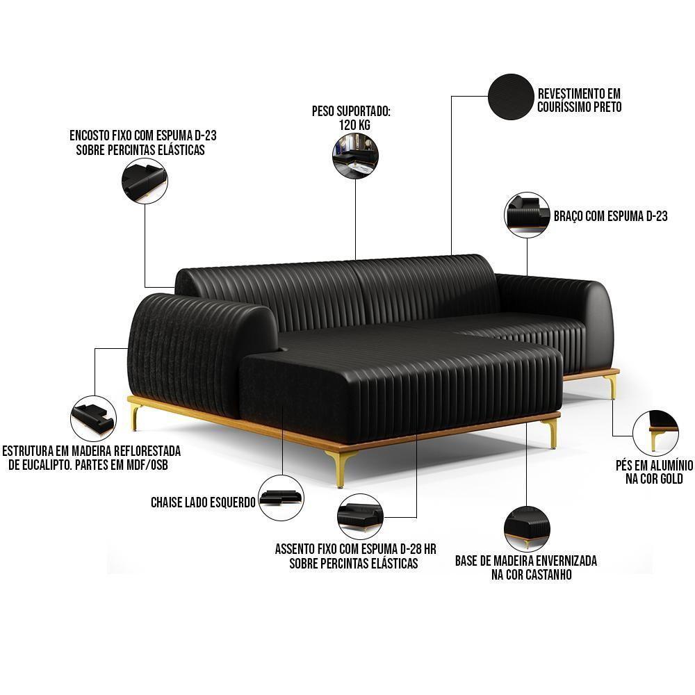 Sofá 6 Lugares Com Chaise Esquerdo Sala Estar 350cm Preto - 6