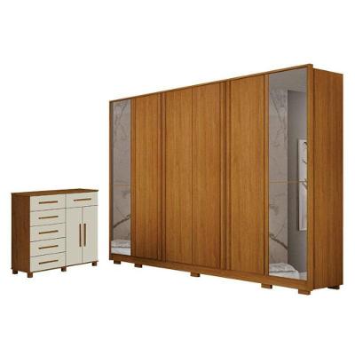 Guarda Roupa Casal Ares 6 Portas de Bater com Espelho 6 Gavetas MDF MDP Cinamomo com Off-white