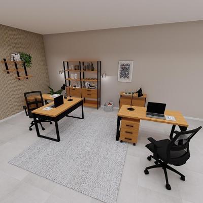Conjunto de Móveis para Escritório Industrial 1 Porta 3 Gavetas MDF Amadeirado com Preto Fosco