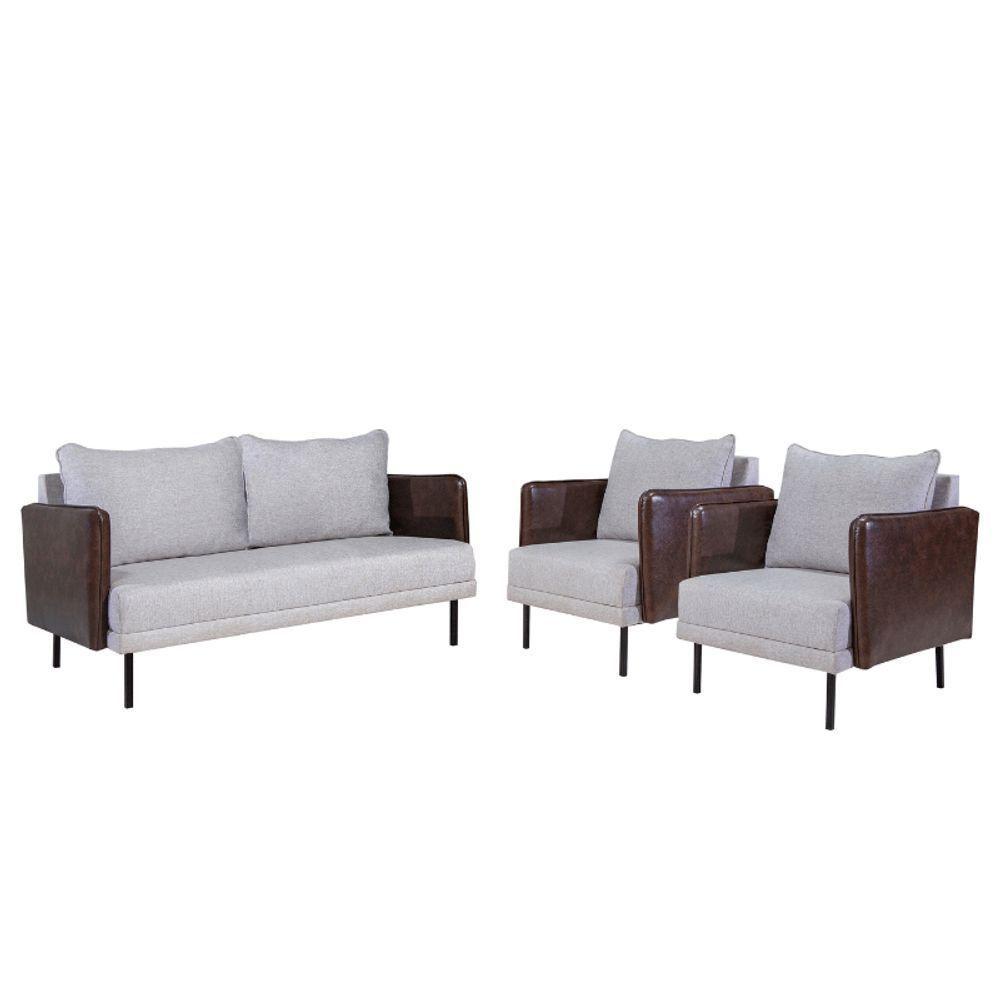 Kit Namoradeira E 02 Poltronas Orion Via Encanto Linho Cinza/Courano Marrom - 1