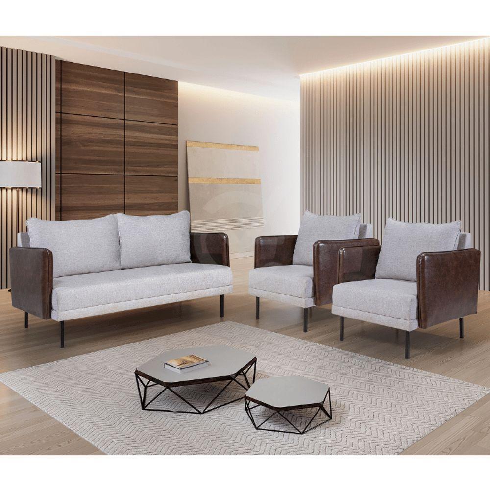 Kit Namoradeira E 02 Poltronas Orion Via Encanto Linho Cinza/Courano Marrom - 4