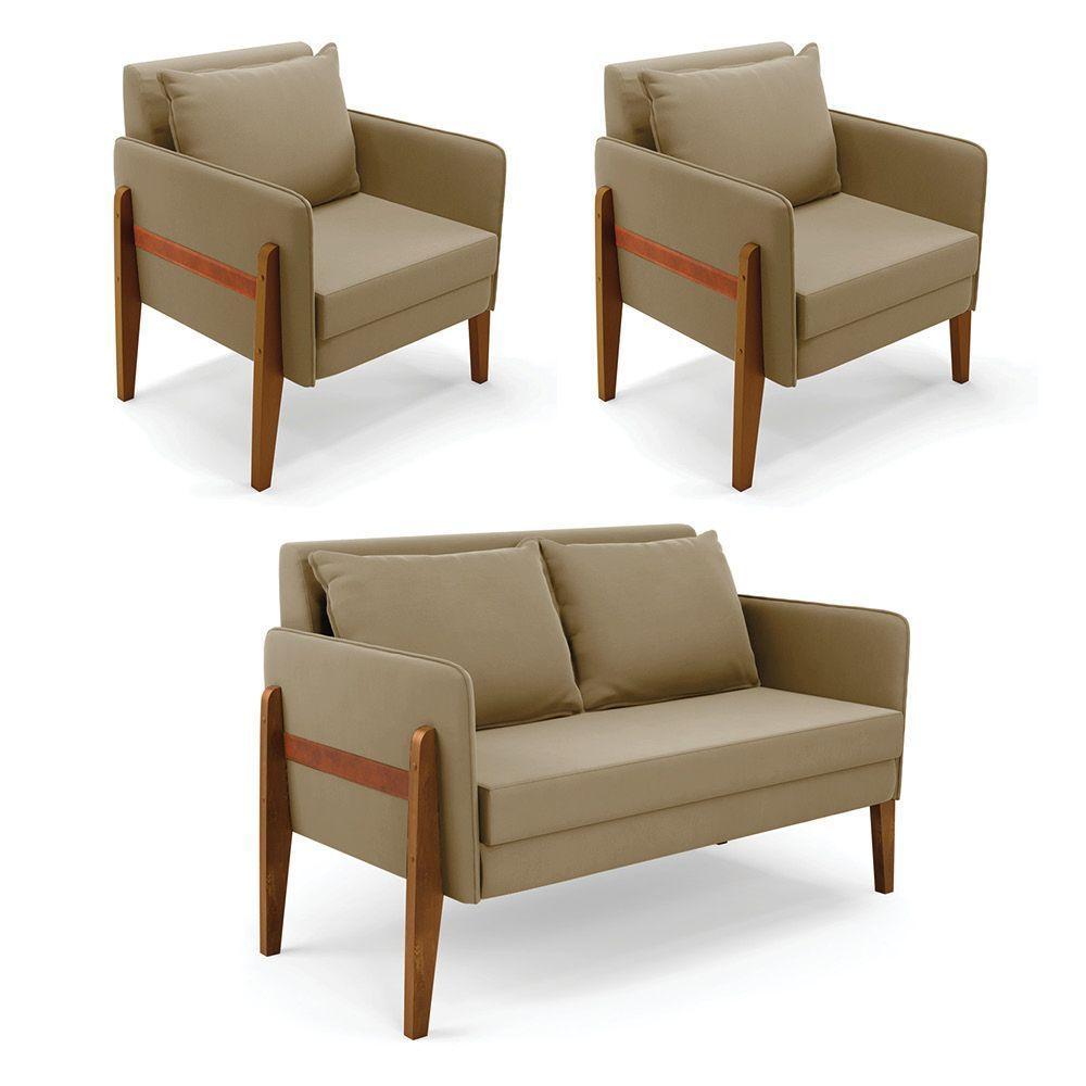 Kit 1 Sofá Namoradeira E 2 Poltronas Lana Suede Base De Madeira - D'rossi Cor Marrom Rato - 1