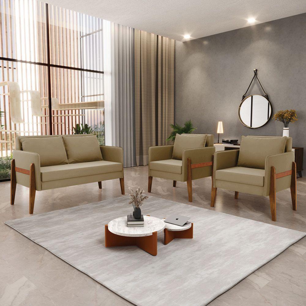 Kit 1 Sofá Namoradeira E 2 Poltronas Lana Suede Base De Madeira - D'rossi Cor Marrom Rato - 8