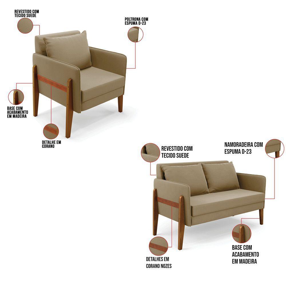 Kit 1 Sofá Namoradeira E 1 Poltrona Lana Suede Base De Madeira - D'rossi Cor Marrom Rato - 5