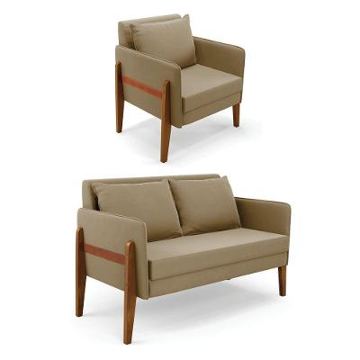 Kit 1 Sofá Namoradeira E 1 Poltrona Lana Suede Base De Madeira - D'rossi Cor Marrom Rato