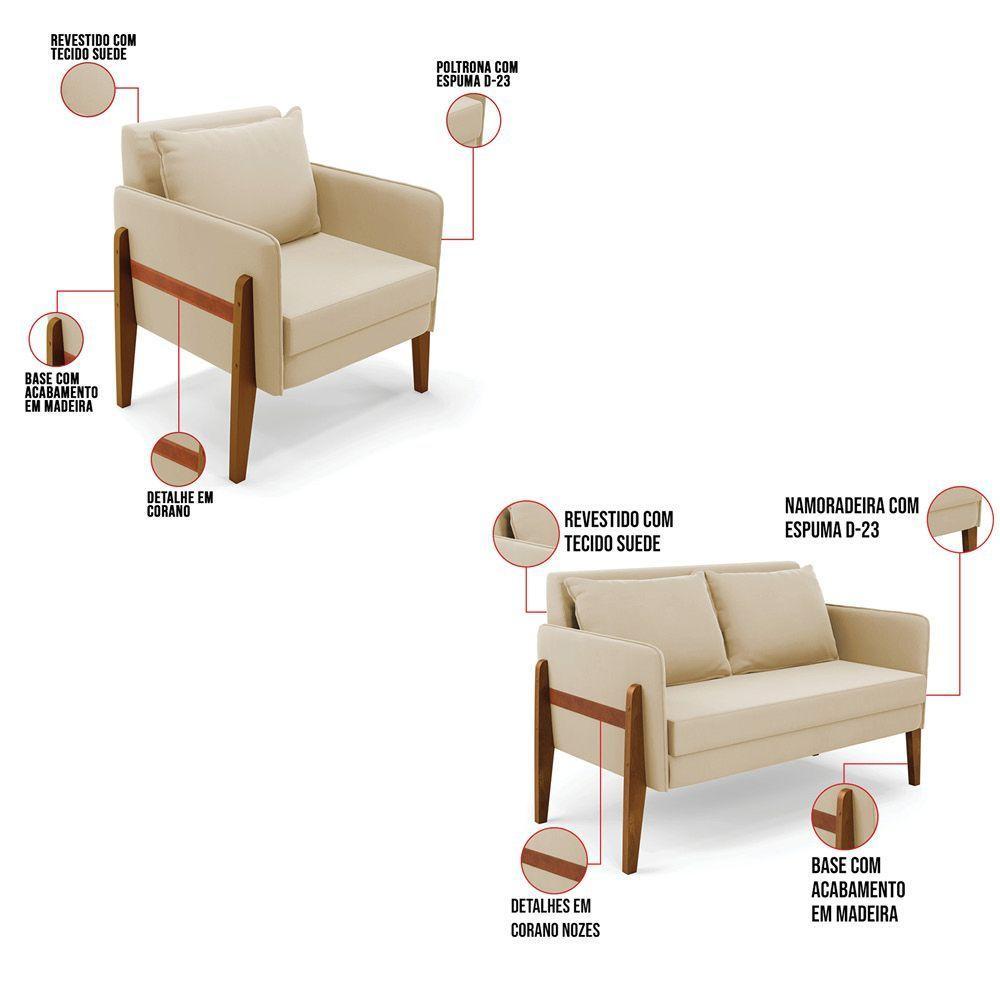 Kit 1 Sofá Namoradeira E 1 Poltrona Lana Suede Base De Madeira - D'rossi Cor Bege - 5
