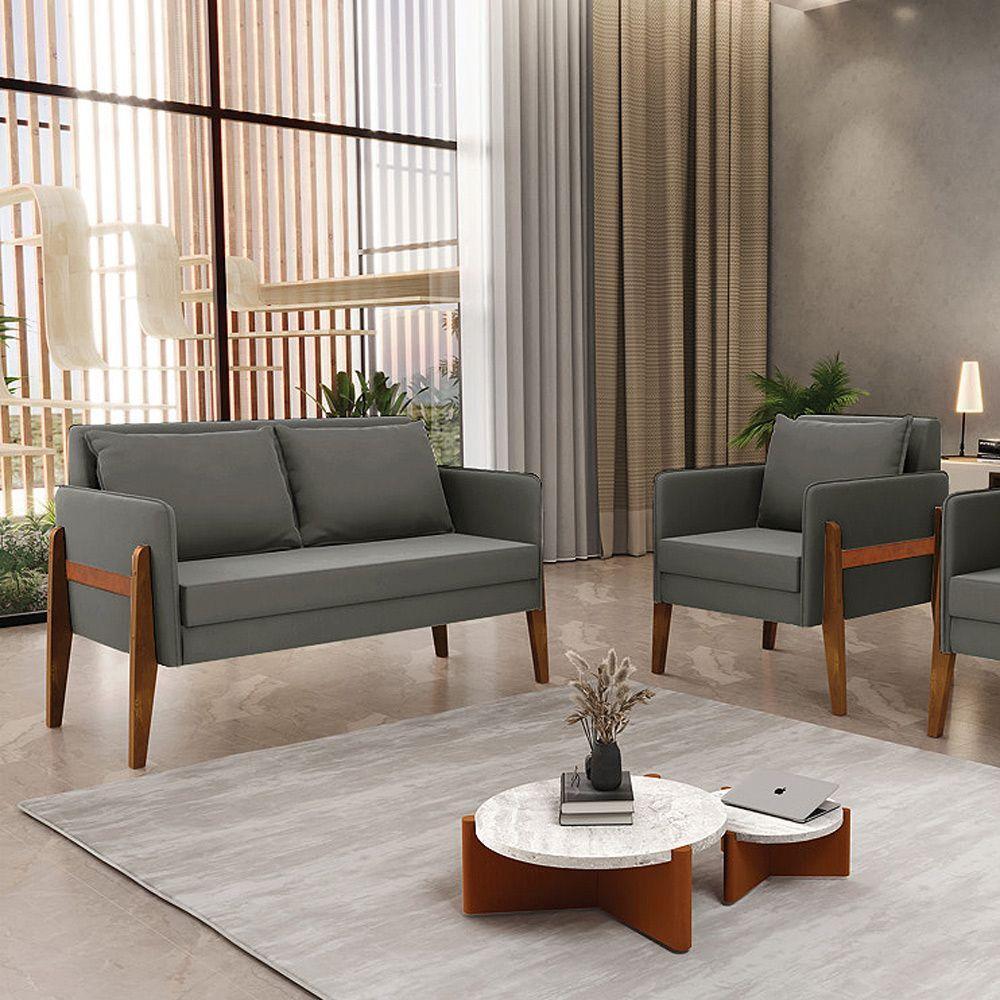 Kit 1 Sofá Namoradeira E 1 Poltrona Lana Suede Base De Madeira - D'rossi Cor Grafite - 10