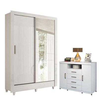 Guarda Roupa Casal Bélgica 2 Portas de Correr 6 Gavetas MDP com Espelho e Cômoda Branco Brilho