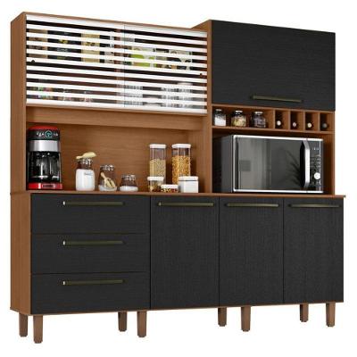 Armário para Cozinha Kit Mega 6 Portas 3 Gavetas MDF 207,4cm Cinamomo Preto Zanzini Móveis