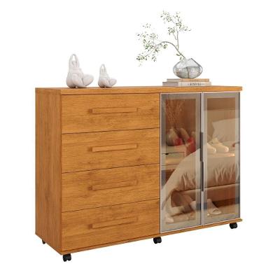 Comoda Sapateira Eva Reflecta com LED 4 Gavetas 2 Portas MDF MDP Puxador MDF Nature J&A Moveis