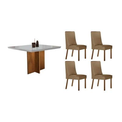Kit 4 Cadeiras Dakota Mesa Berlim Tampo Curvo 90cm Moderno em MDF-MDP Assento Linho Bege Móveis