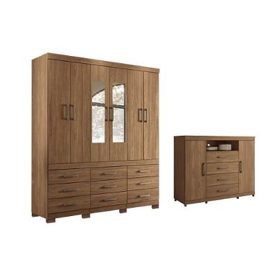 Quarto Completo QC420 2 Portas 4 Gavetas MDP 129cm Amadeirado Kit Guarda Roupa Cômoda Santos