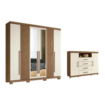 Quarto Completo QC348 2 Portas 4 Gavetas MDP 129CM Amadeirado com Cômoda e Espelho Santos