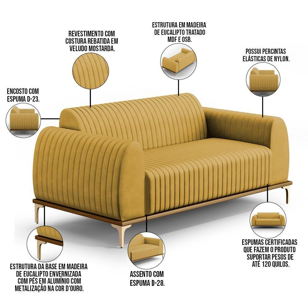 Sofá 3 Lugares Molino 180 Cm Pés D'ouro Mostarda C-260 - 5