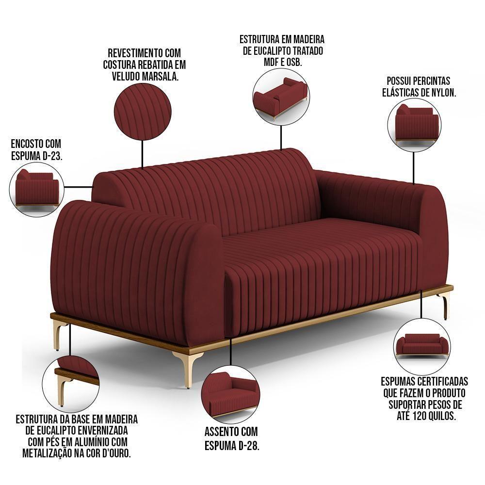 Sofá 3 Lugares Molino 180 Cm Pés D'ouro Marsala C-278 - 5