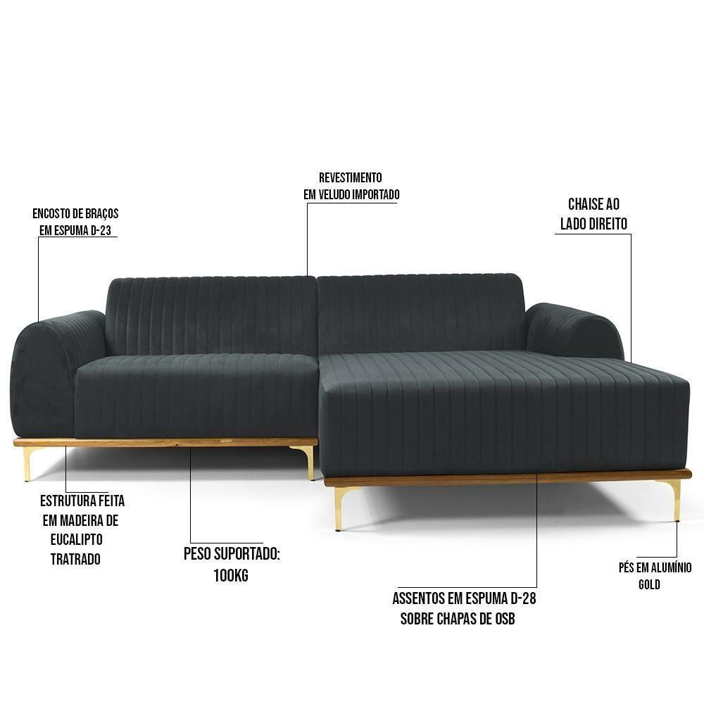 Sofá 5 Lugares Com Chaise Molino 320 Cm Veludo Cinza C-317 - 5
