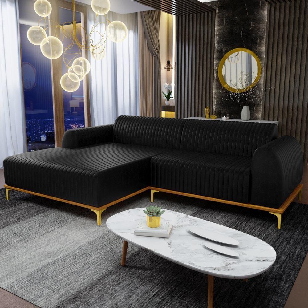 Sofá 4 Lugares Com Chaise Esquerdo Sala Estar 255cm Preto - 7