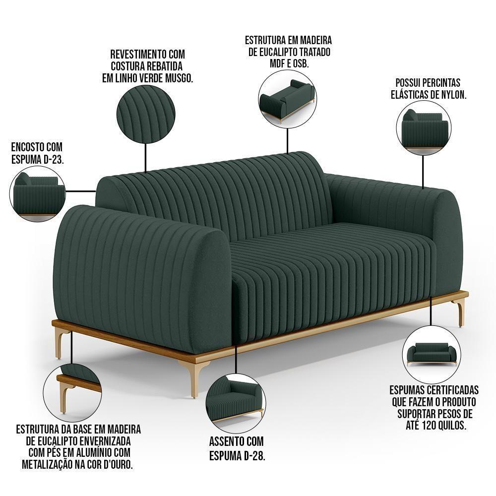 Sofá 3 Lugares Molino 210 Cm Pés D'ouro Verde Musgo C-117 - 5