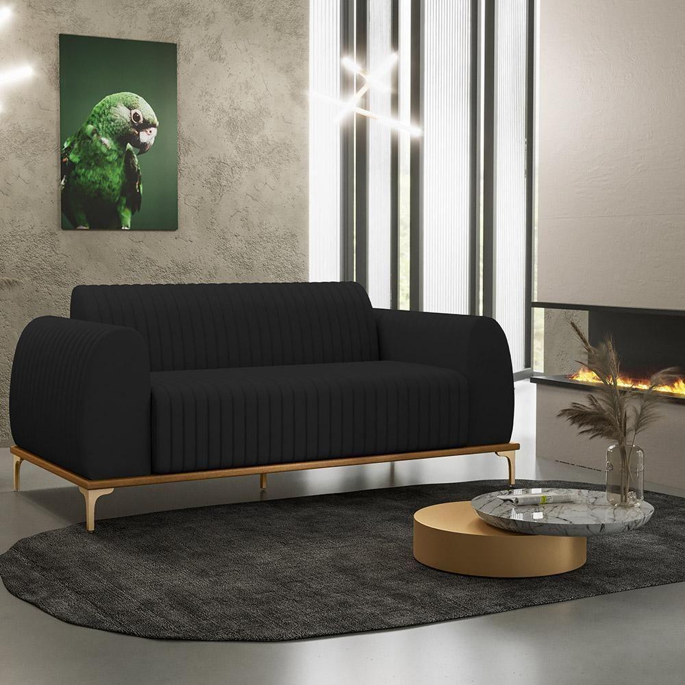 Sofá 3 Lugares Molino 210 Cm Pés D'ouro Veludo Preto C-300 - 7
