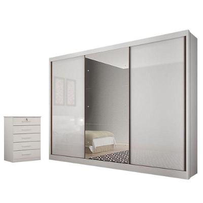 Guarda Roupa Casal Duna 3 Portas 6 Gavetas Neve com Espelho e Cômoda Gaveteiro