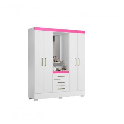 Guarda Roupa Casal Paris Capela 4 Portas 3 Gavetas MDP Branco - Rosa Flex