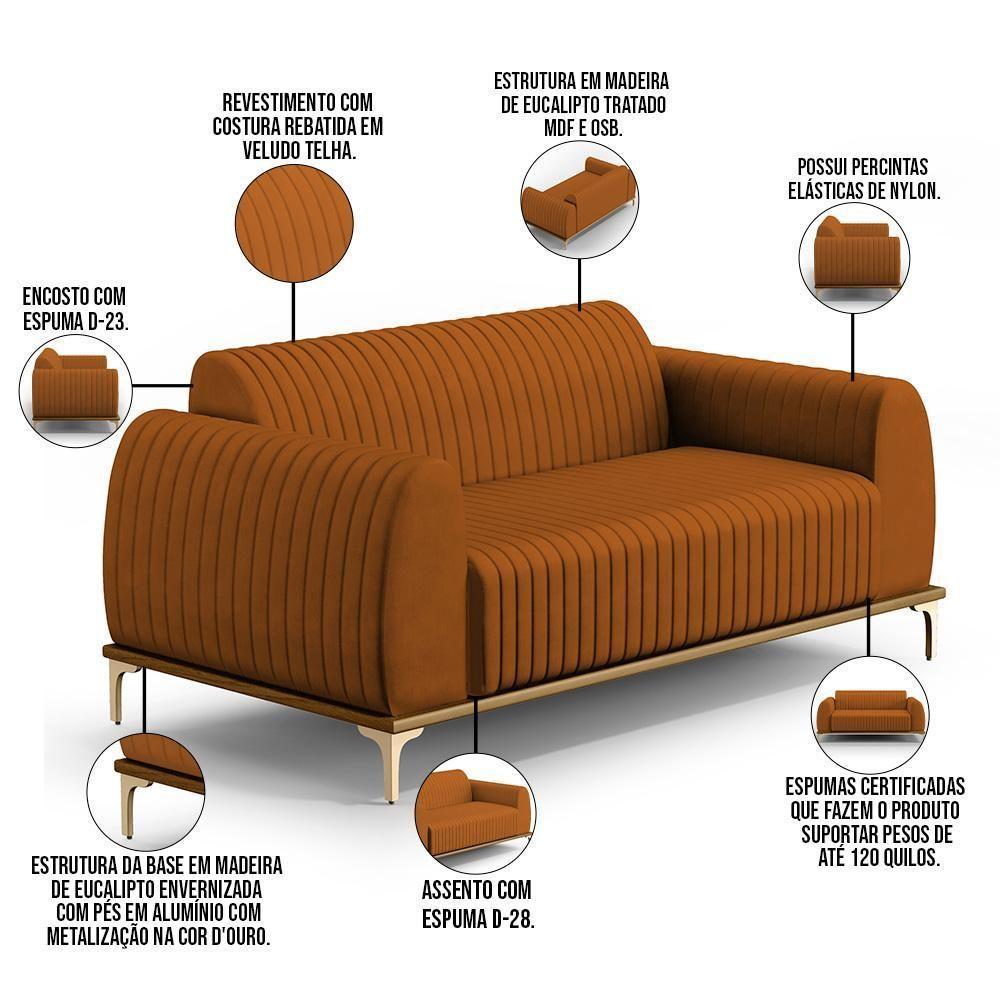 Sofá 3 Lugares Molino 180 Cm Pés D'ouro Veludo Telha C-262 - 5