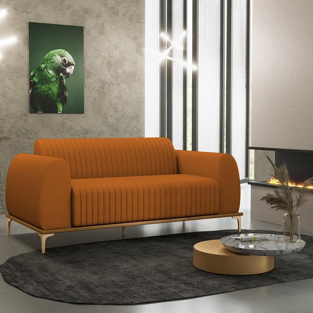 Sofá 3 Lugares Molino 180 Cm Pés D'ouro Veludo Telha C-262 - 7