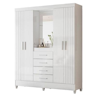 Guarda Roupa Solteiro Capelinha Atenas 4 Portas Giratórias 4 Gavetas com Espelho Branco-Rosa Flex