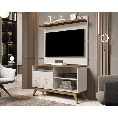 Painel com Rack Vivare 1,08 Fênix Wood 108CM MDF Off White e Freijó Giga