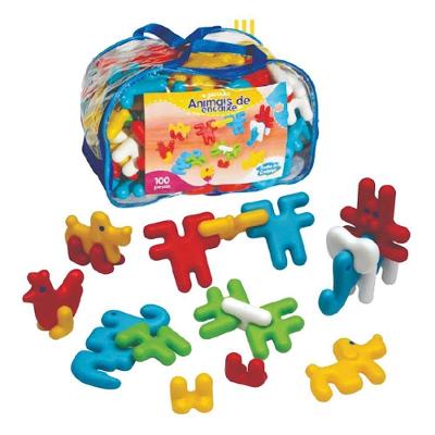 Brinquedo de Montar Animais de Encaixe 100 Peças com Sacola PVC Sonho de Criança