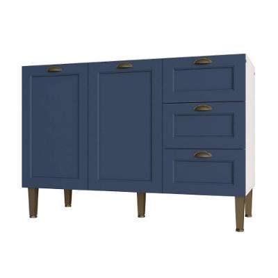 Balcão Cozinha Aurora 2 Portas 3 Gavetas MDF MDP 120CM Branco com Azul sem Tampo