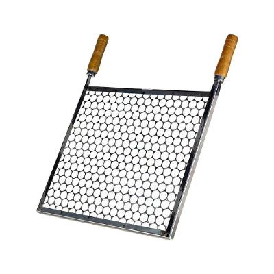 Grelha para Churrasqueira Tela Moeda Assar Alimentos Inox Cabos em Madeira Uso Churrasco Inox