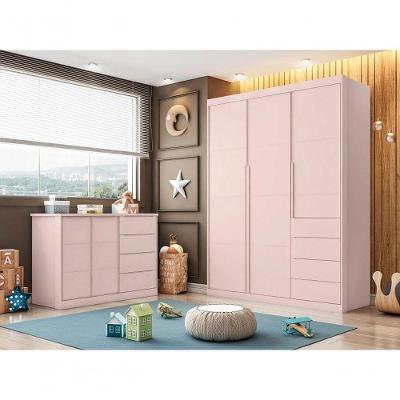 Jogo de Quarto Guarda Roupa 3 Portas 4 Gavetas + Cômoda 2 Portas 4 Gavetas Mdf Pérola Rosê Phoenix