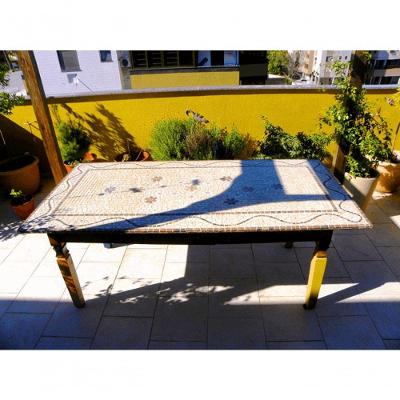 Tampo de Mesa Floral Retangular em Mosaico com Pedras Naturais 90x180cm Mosaico