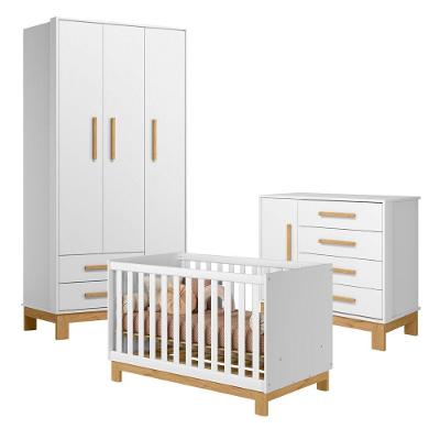 Berço Cômoda e Guarda Roupa Theo Infantil 4 Portas 6 Gavetas MDP Branco Acetinado Qmovi