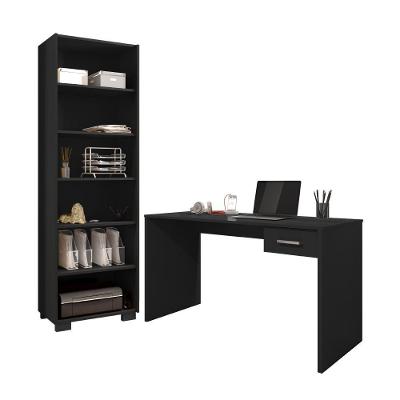 Conjunto Escrivaninha e Livreiro Vila Serena 1 Gaveta 127CM Preto Leão Móveis