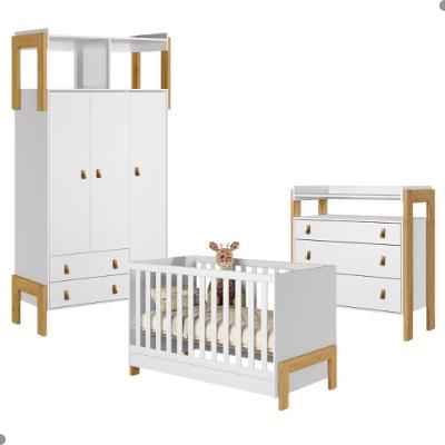 Conjunto para Quarto Infantil Galora 3 Portas 3 Gavetas MDP 97CM Branco Qmovi com Berço e Cômoda
