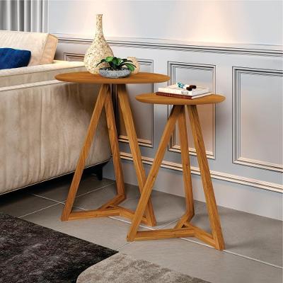 Mesa Lateral Conjunto Mezinhas Laterais Nova Onda Nature Redondo MDF Madeira Marrom Casah