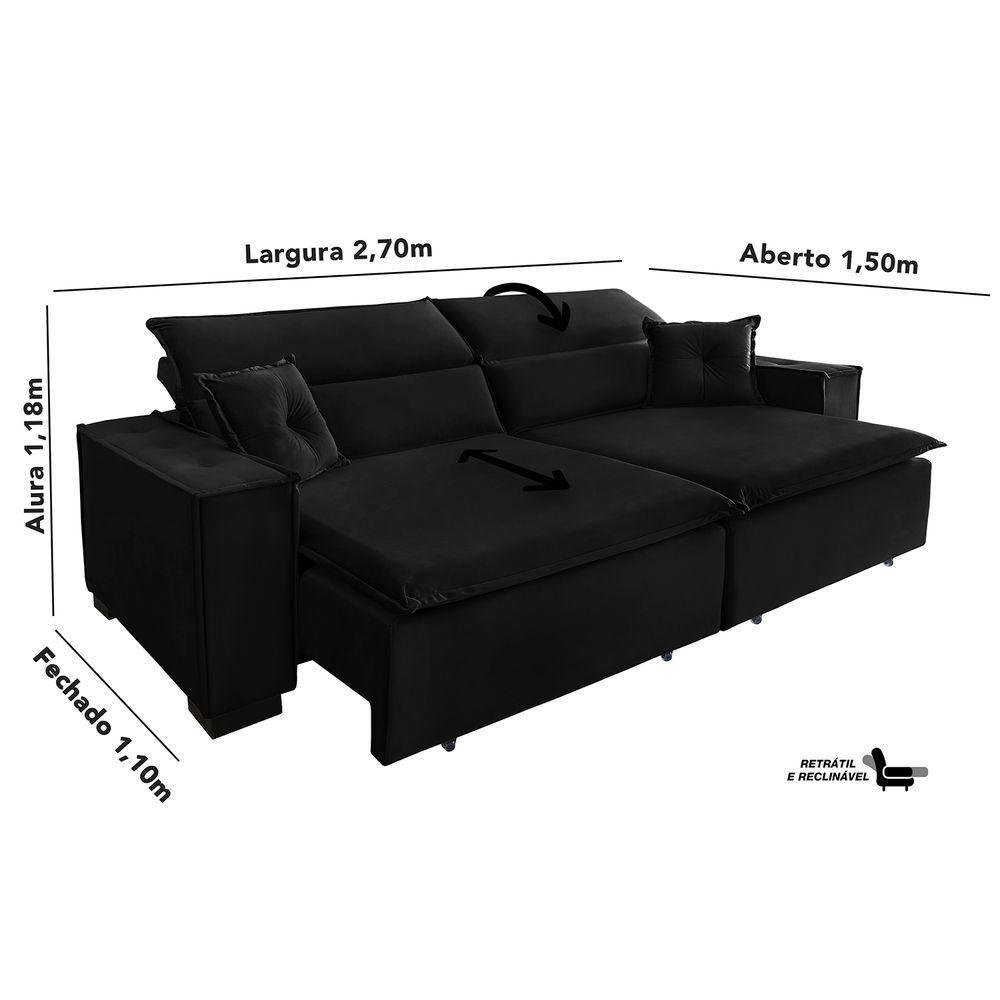Sofá Londres 2.70m Retrátil E Reclinável Pillow Top - Preto - 3