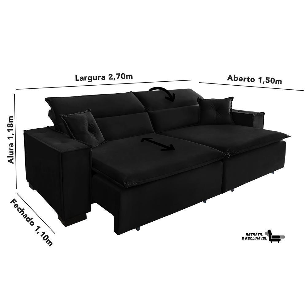 Sofá Londres 2.70m Retrátil E Reclinável Pillow Top - Preto - 6