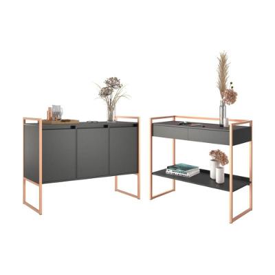 Conjunto de Buffet e Aparador Domus Bella Industrial MDP Preto Cobre Plata Móveis